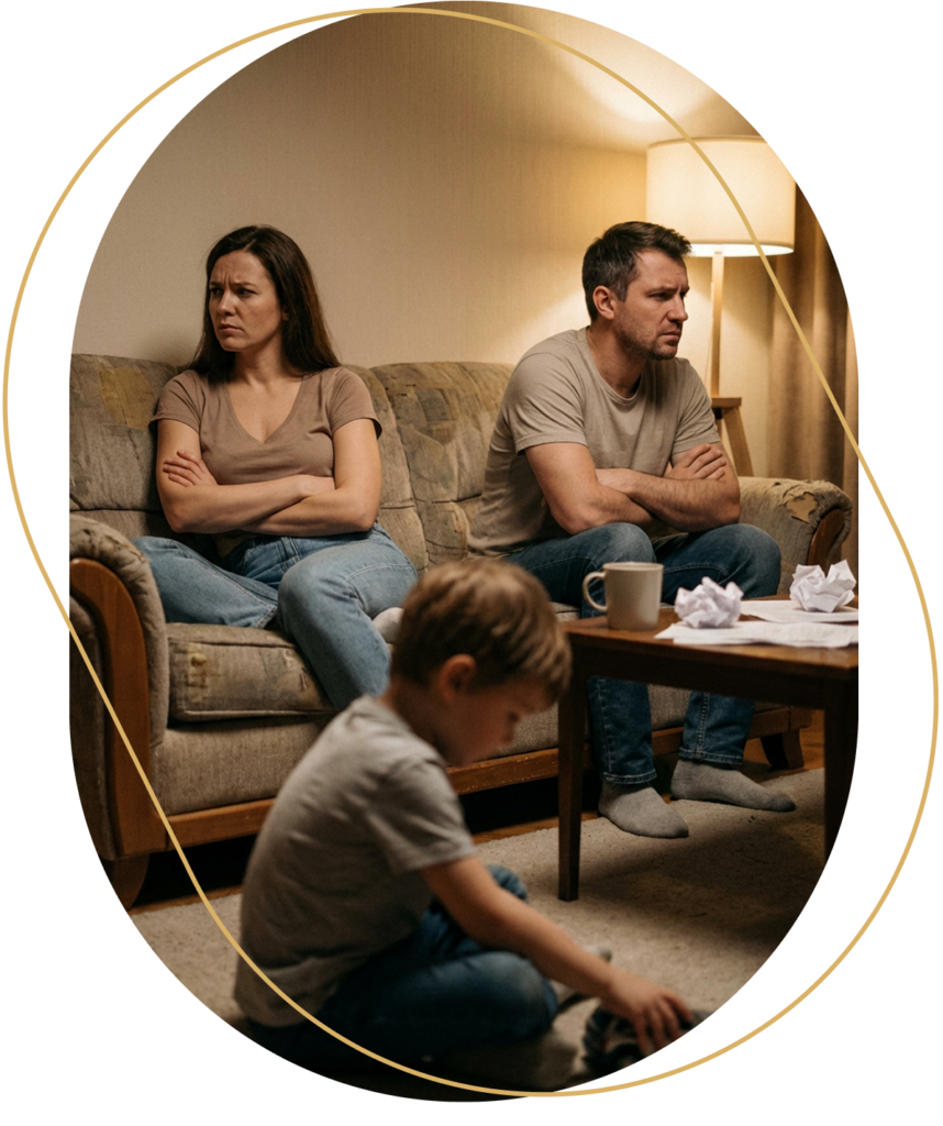 Eltern sitzen angespannt auf einem Sofa, ein Kind spielt im Vordergrund während eines familiären Konflikts