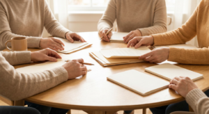 Mehrere Personen sitzen an einem runden Tisch und besprechen gemeinsam schriftliche Unterlagen in ruhiger Arbeitsatmosphäre.